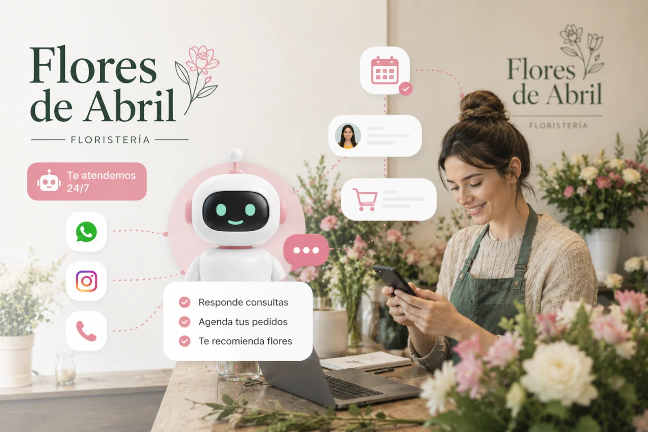 Agente de inteligencia artificial ayudando a gestionar la atención al cliente de una floristería mediante WhatsApp, redes sociales y teléfono.