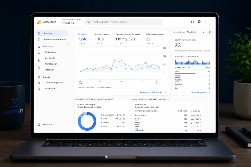 Panel de Google Analytics mostrando estadísticas de tráfico, comportamiento de usuarios y rendimiento de una página web.