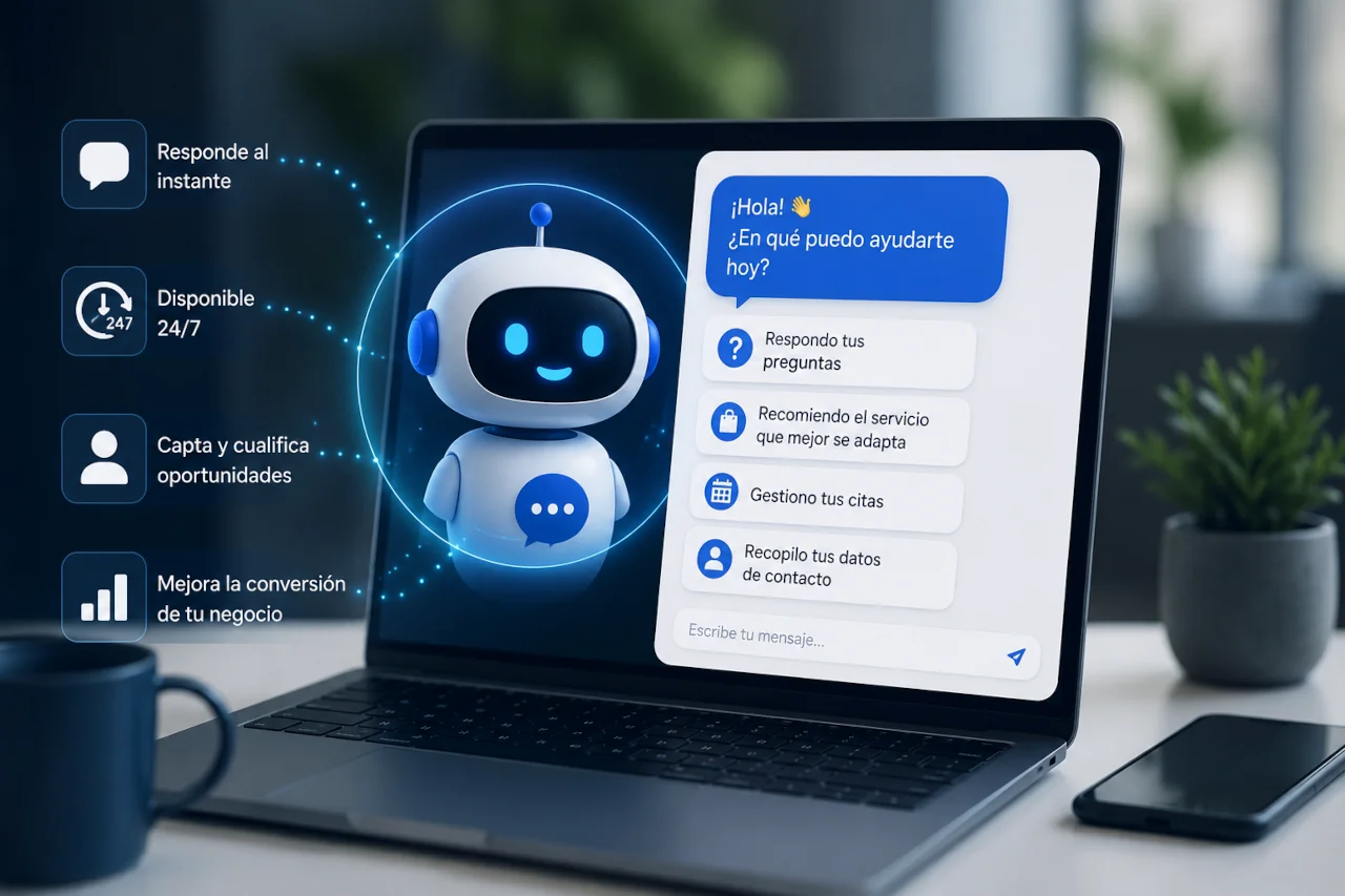 Asistente comercial con inteligencia artificial atendiendo clientes desde una página web.