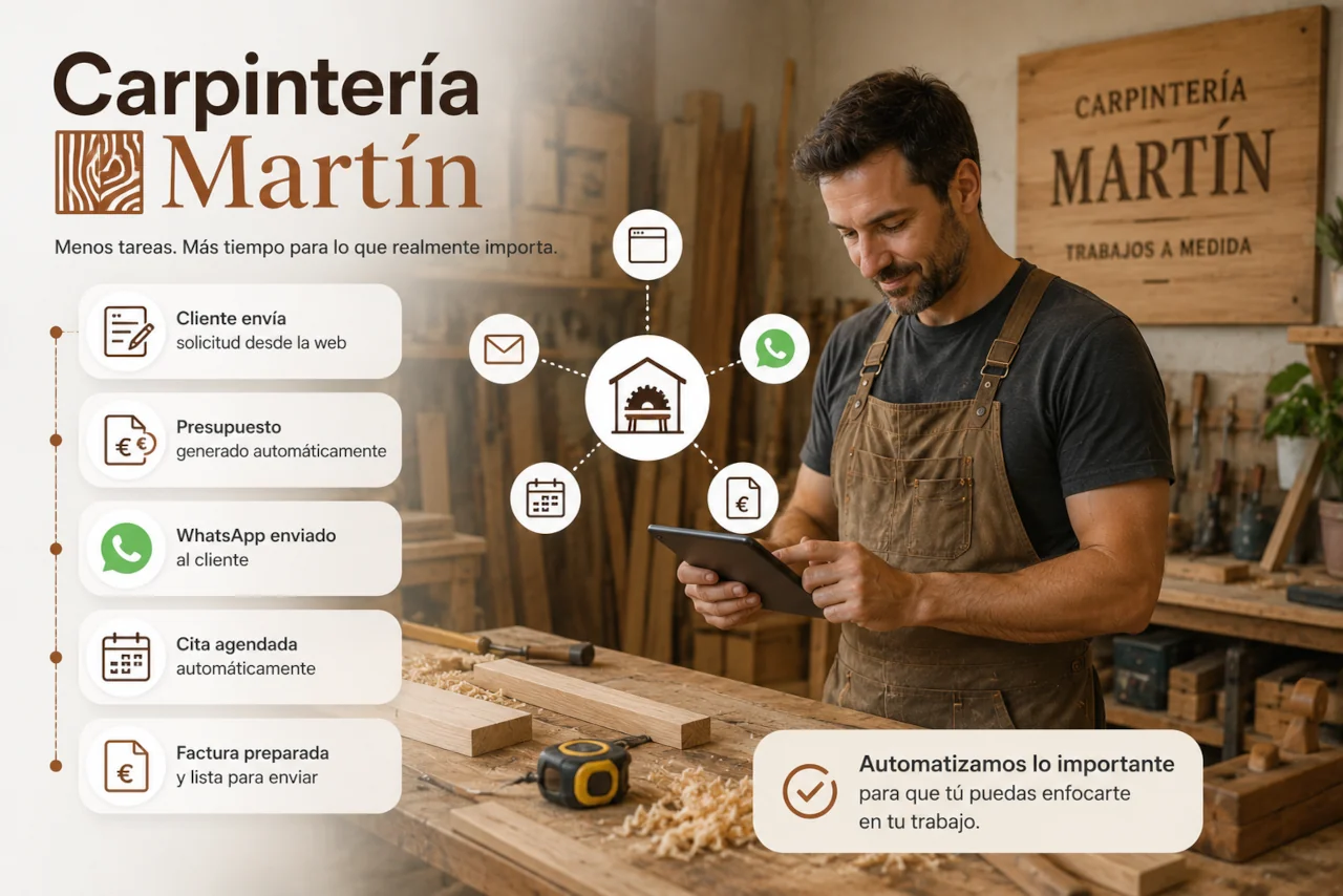 Carpintería utilizando automatizaciones para gestionar solicitudes, presupuestos y comunicación con los clientes.