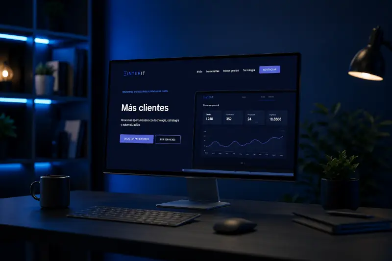 Monitor mostrando una página web profesional diseñada para ayudar a autónomos y pymes a conseguir más clientes.