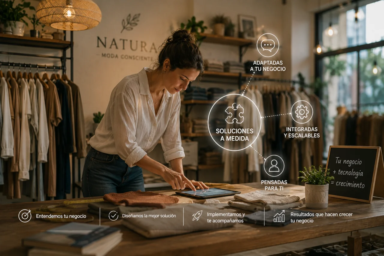 Ilustración de una tienda de ropa con soluciones digitales personalizadas adaptadas a las necesidades del negocio.
